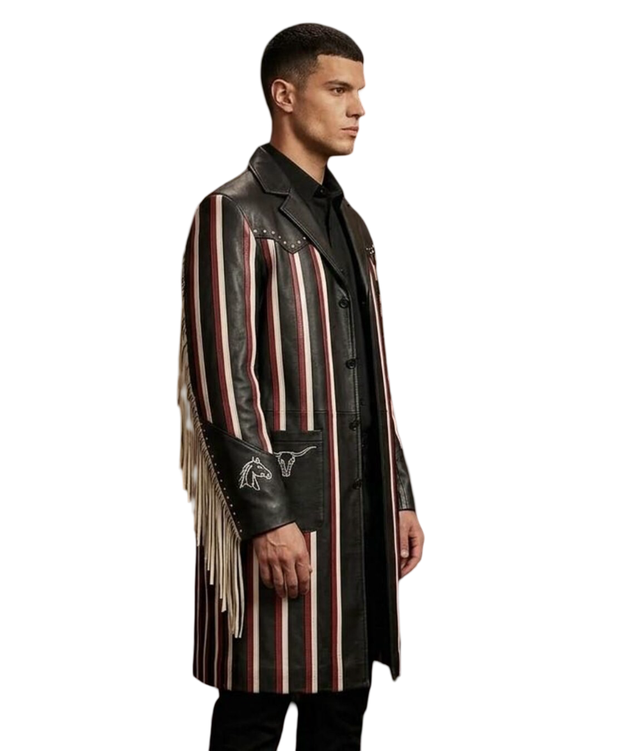 Side profile of punk style long coat with tailored silhouette