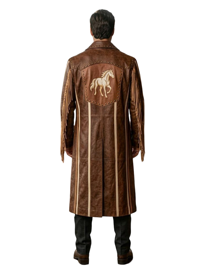 Back view showing embroidered horseback cowboy artwork on leather duster coat