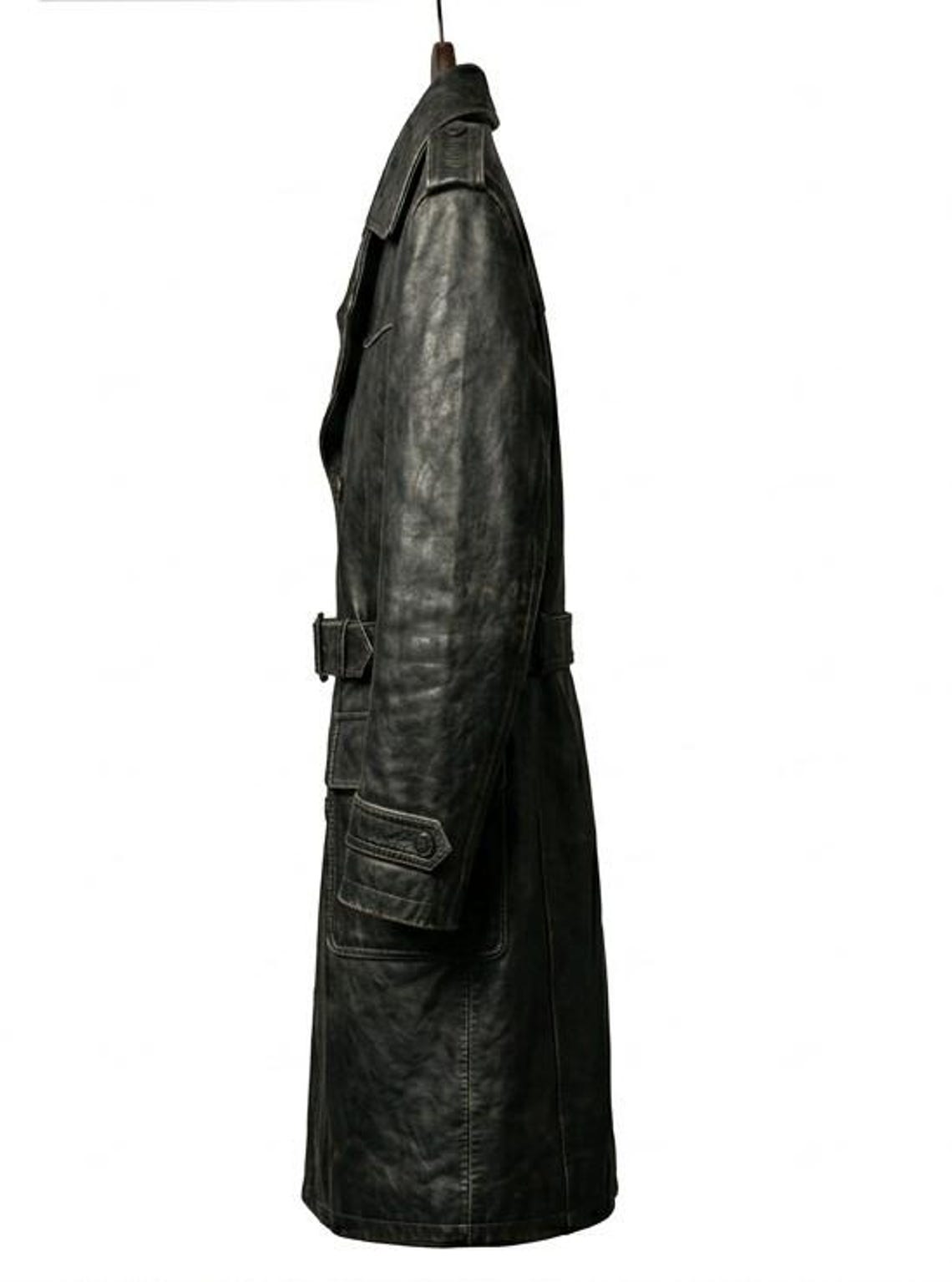 Side profile of black distressed leather trench coat for men