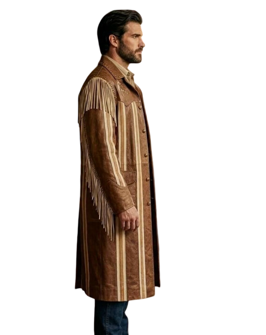 Side profile of men brown western leather trench coat with fringe