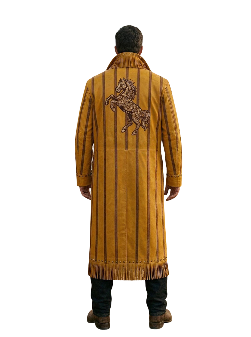 Back view showing embroidered bull skull on yellow leather western duster coat