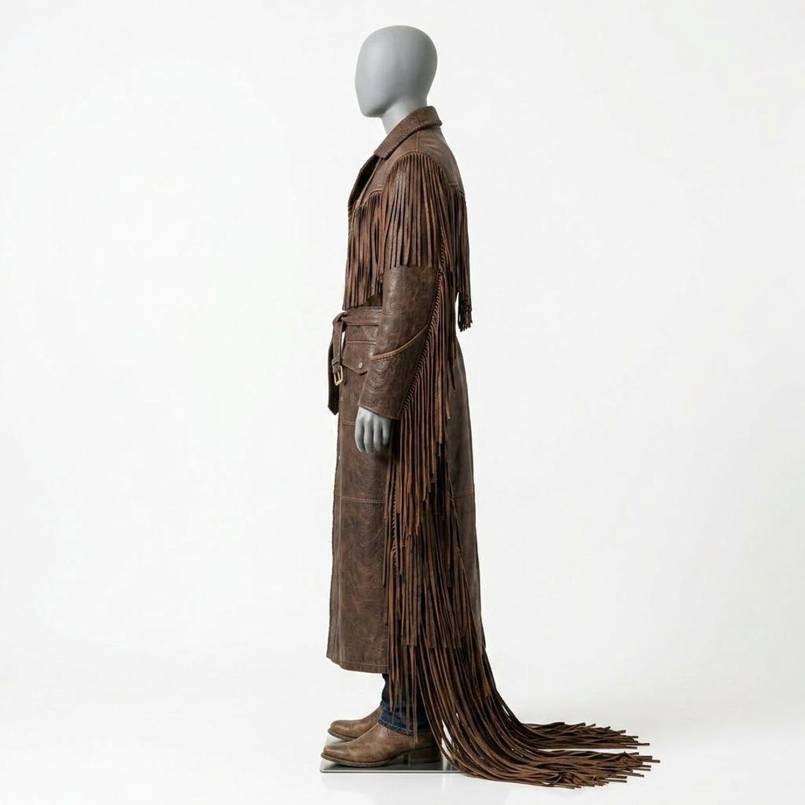 Side view of men brown fringe leather western duster coat with belt and long silhouette