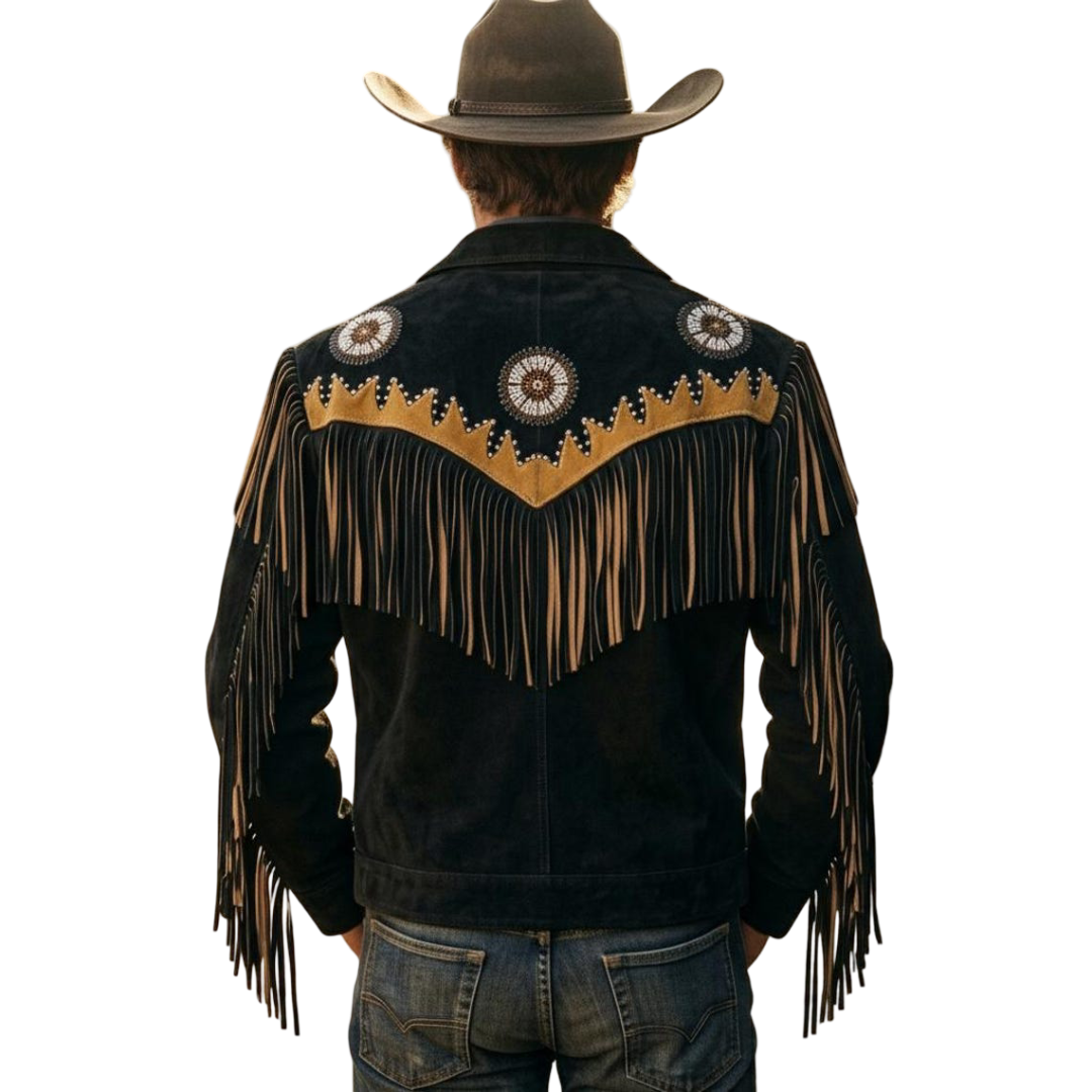 Back view of men western fringe leather jacket with tassels