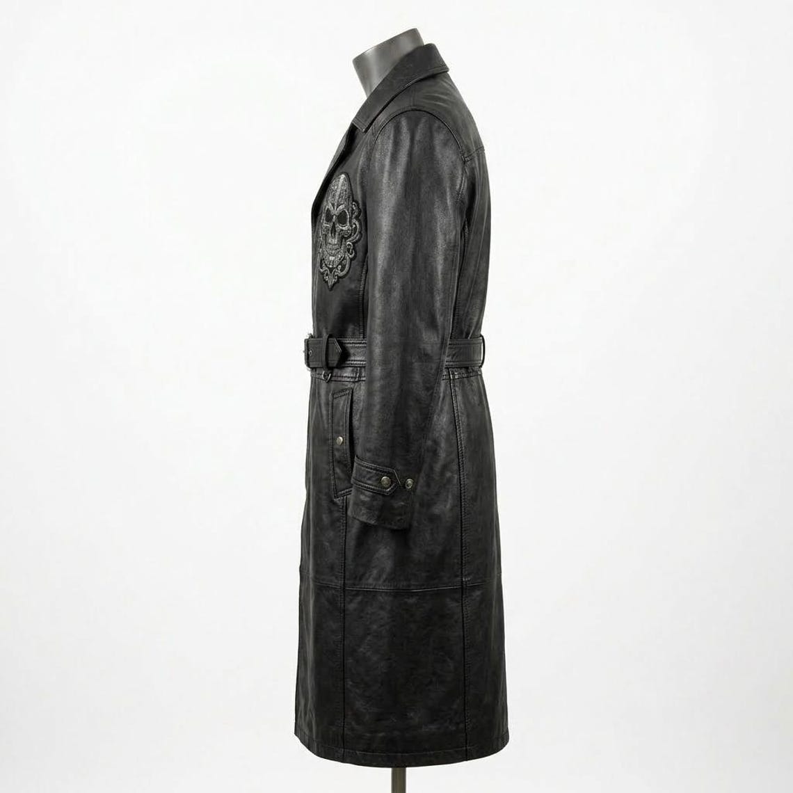 Side profile of men black leather trench coat with adjustable belt