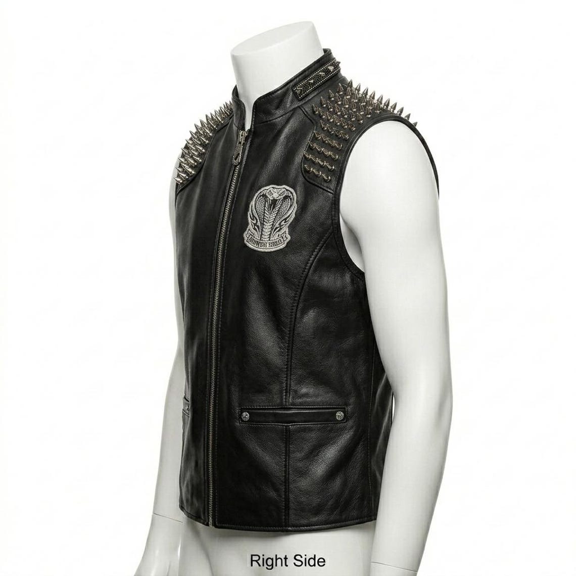 Men Black Leather Biker Vest with Spike Embroidery Gothic Punk Style