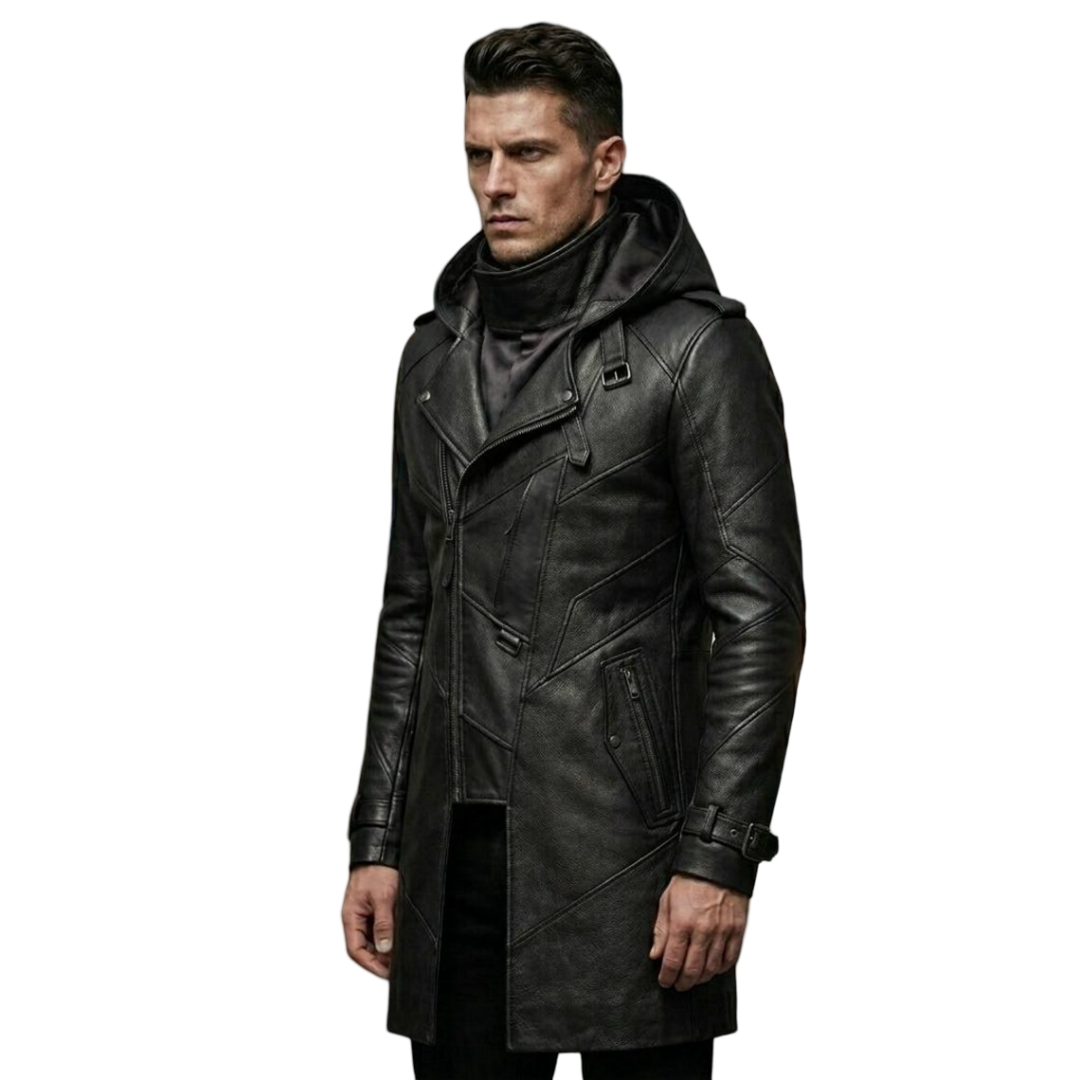 Side profile of black leather hooded biker trench coat for men