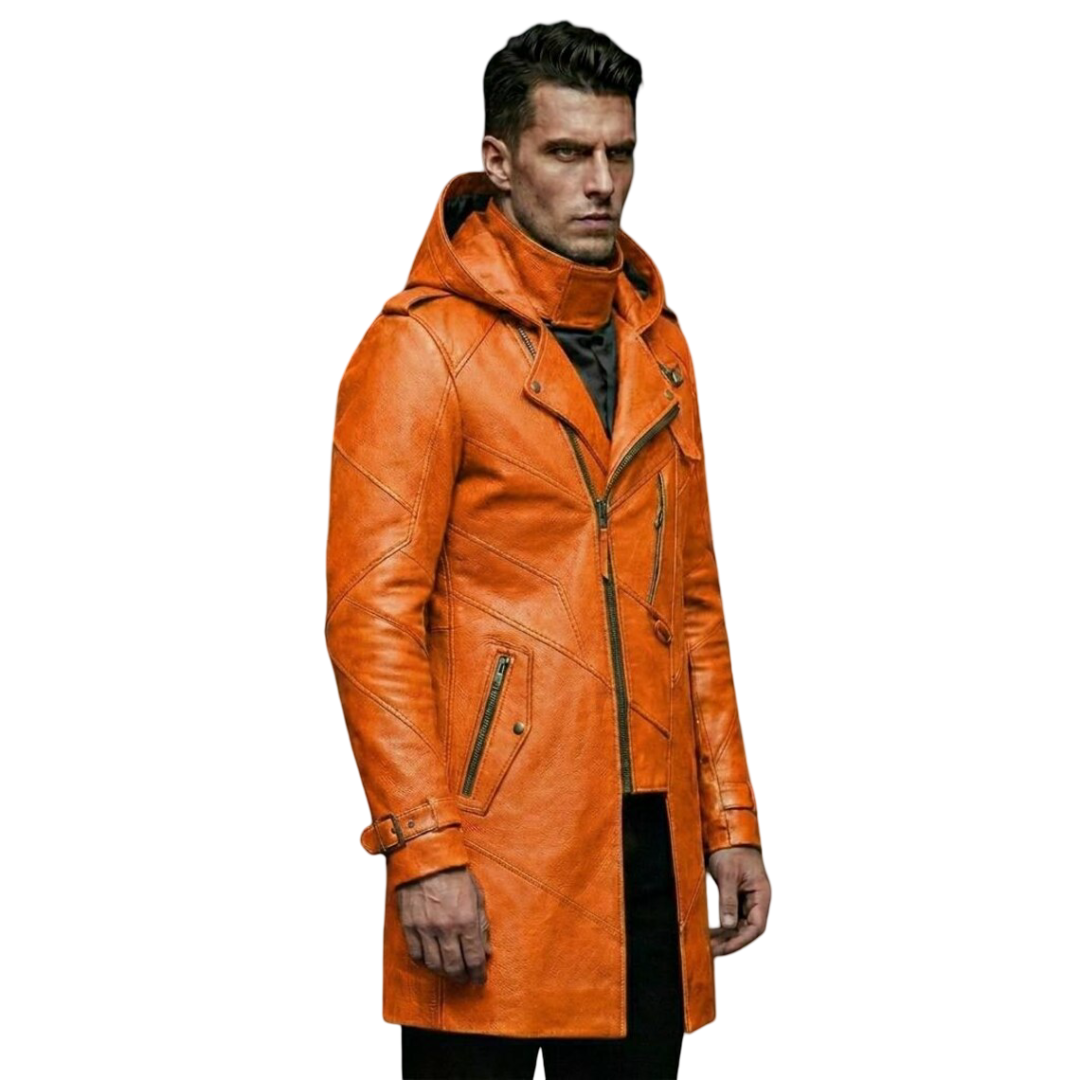 Side profile of slim fit orange leather biker trench coat