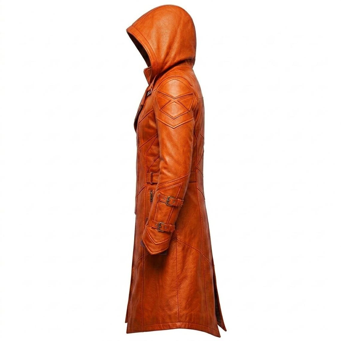 Side profile of classic fit men’s maroon leather jacket