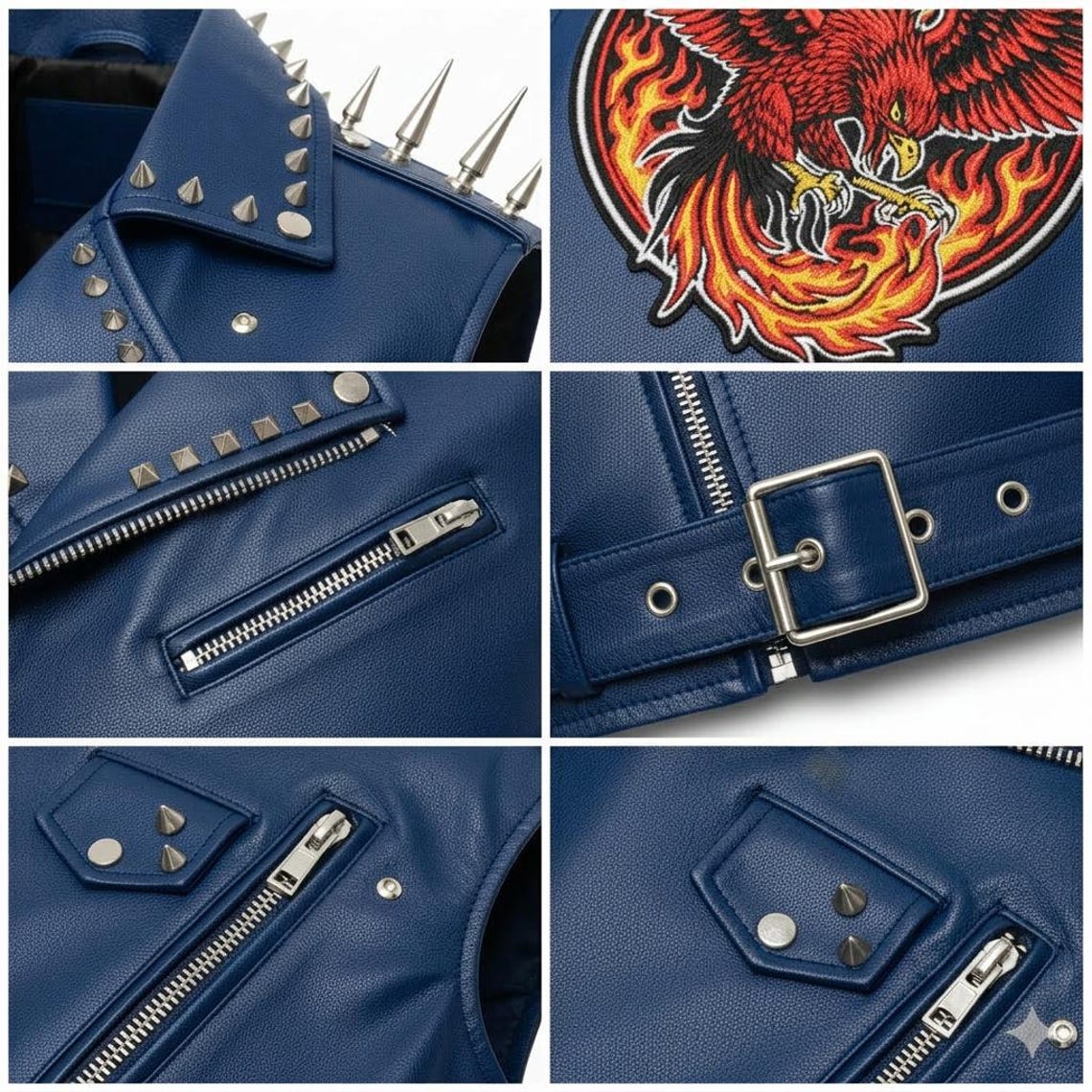 Men Blue Leather Biker Vest with Studded Spike Detail and Phoenix Patch