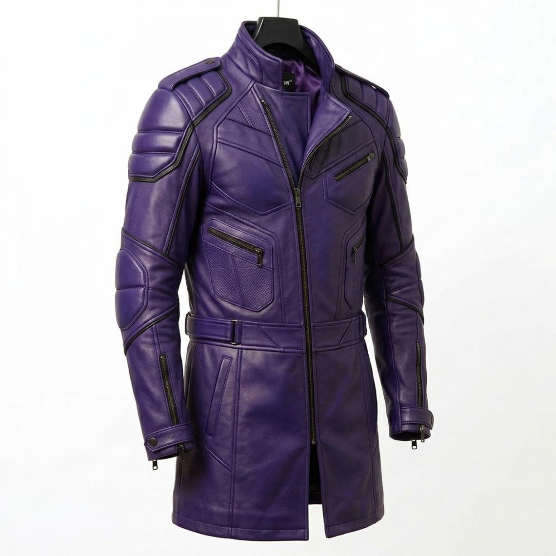 Side profile of men slim fit purple leather long coat