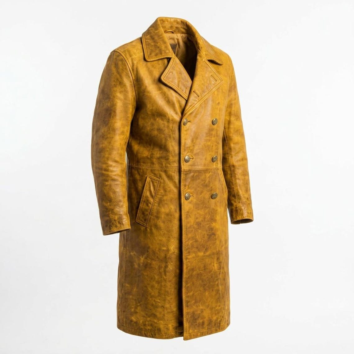 Side profile of long black leather hooded biker trench coat