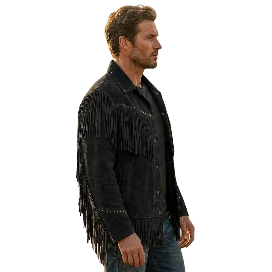 Side profile of black cowboy suede fringe jacket for men