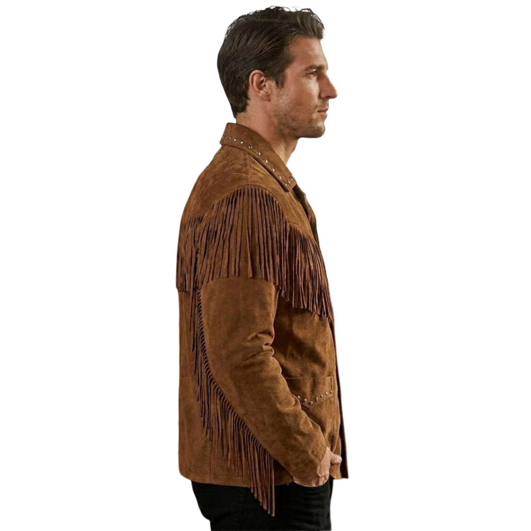 Side profile of men western suede fringe leather jacket with long fringe