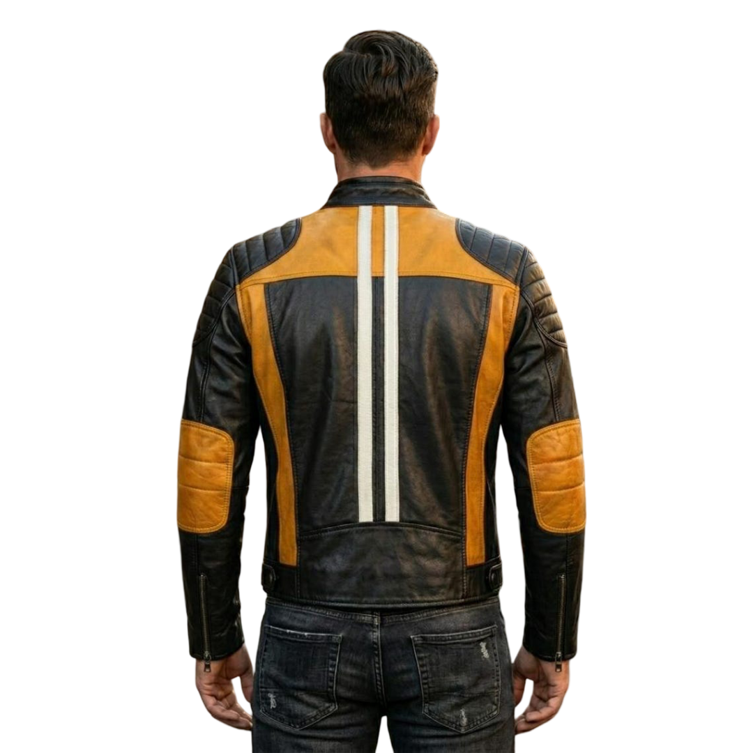 Men Yellow and Black Leather Biker Jacket Quilted Moto Racing Style