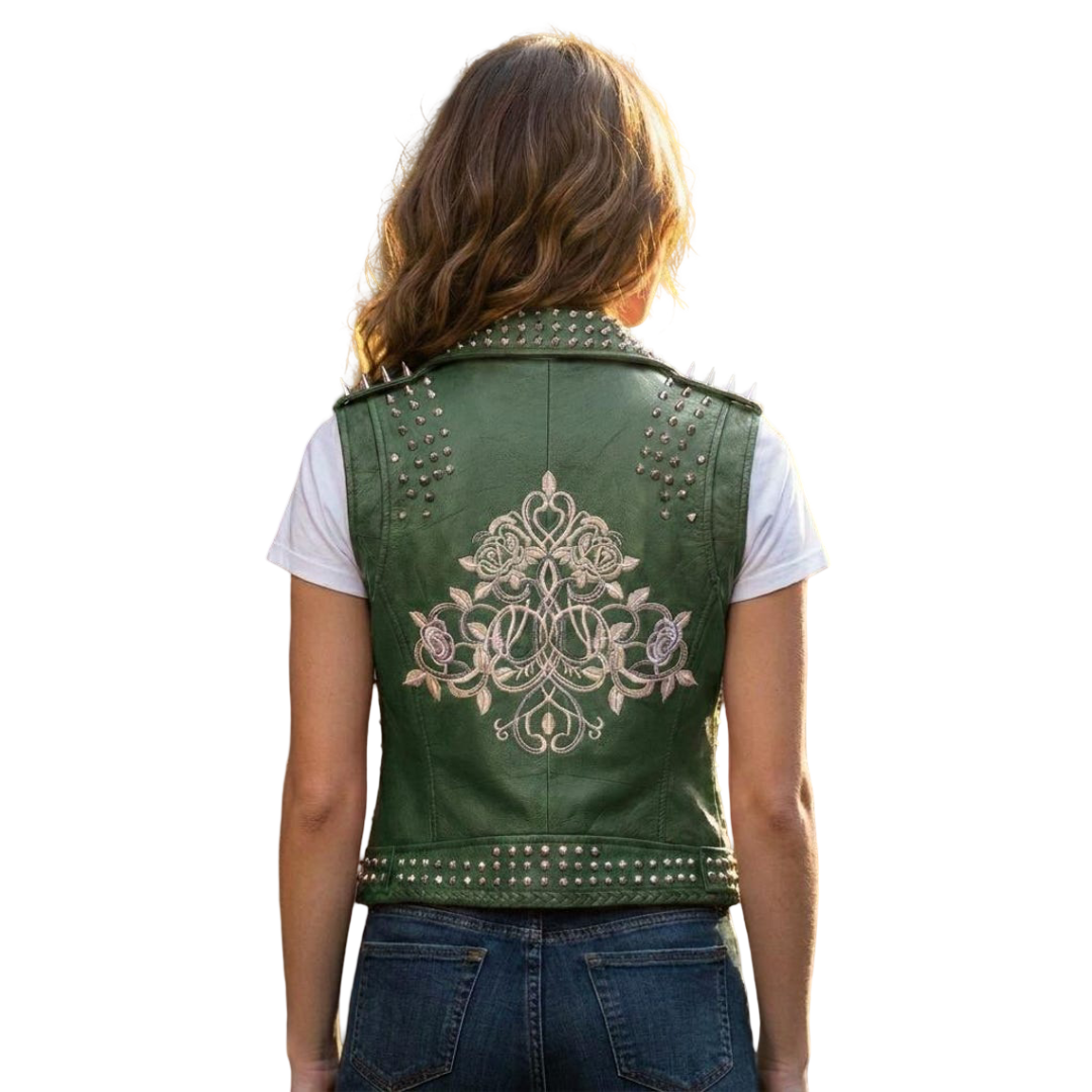 Back view of women green studded leather biker vest