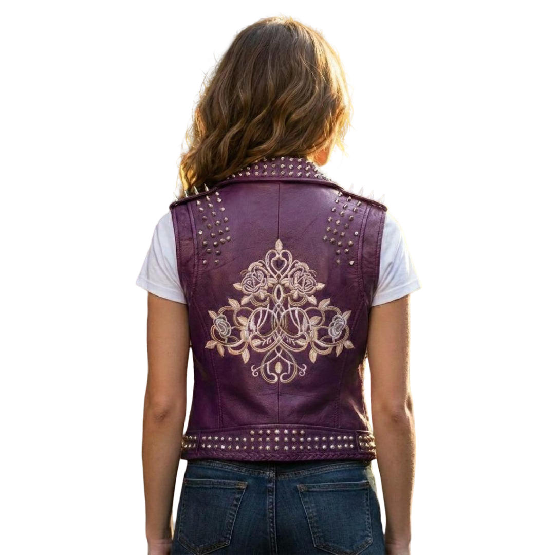 Back view of punk rock purple leather biker vest for women