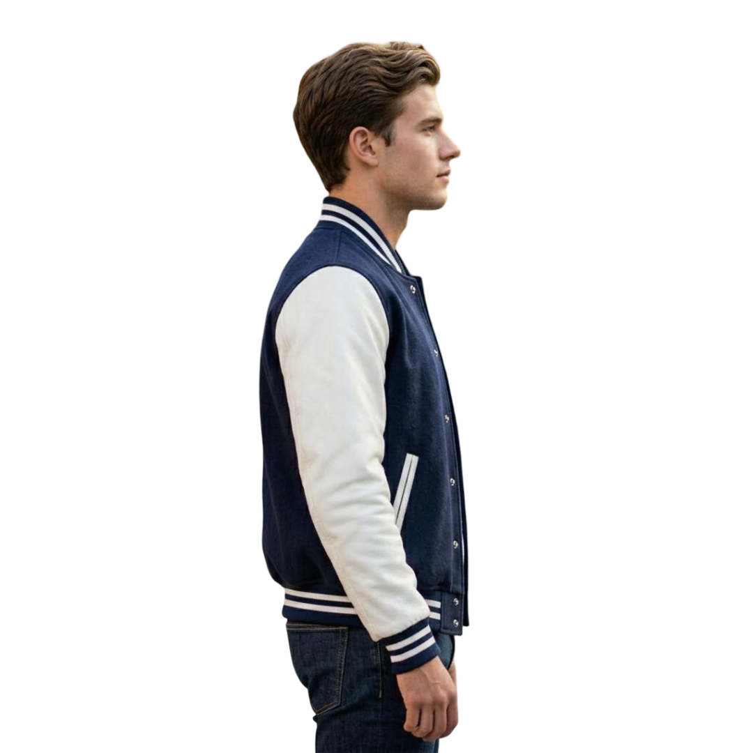 Side profile of men navy blue varsity bomber jacket