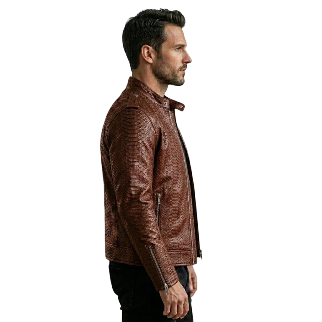 Side profile of luxury brown python leather biker jacket for men