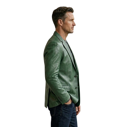 Men Green Slim Fit Leather Blazer Jacket Soft Modern Casual Coat Side profile of men green leather blazer jacket with tailored slim fit