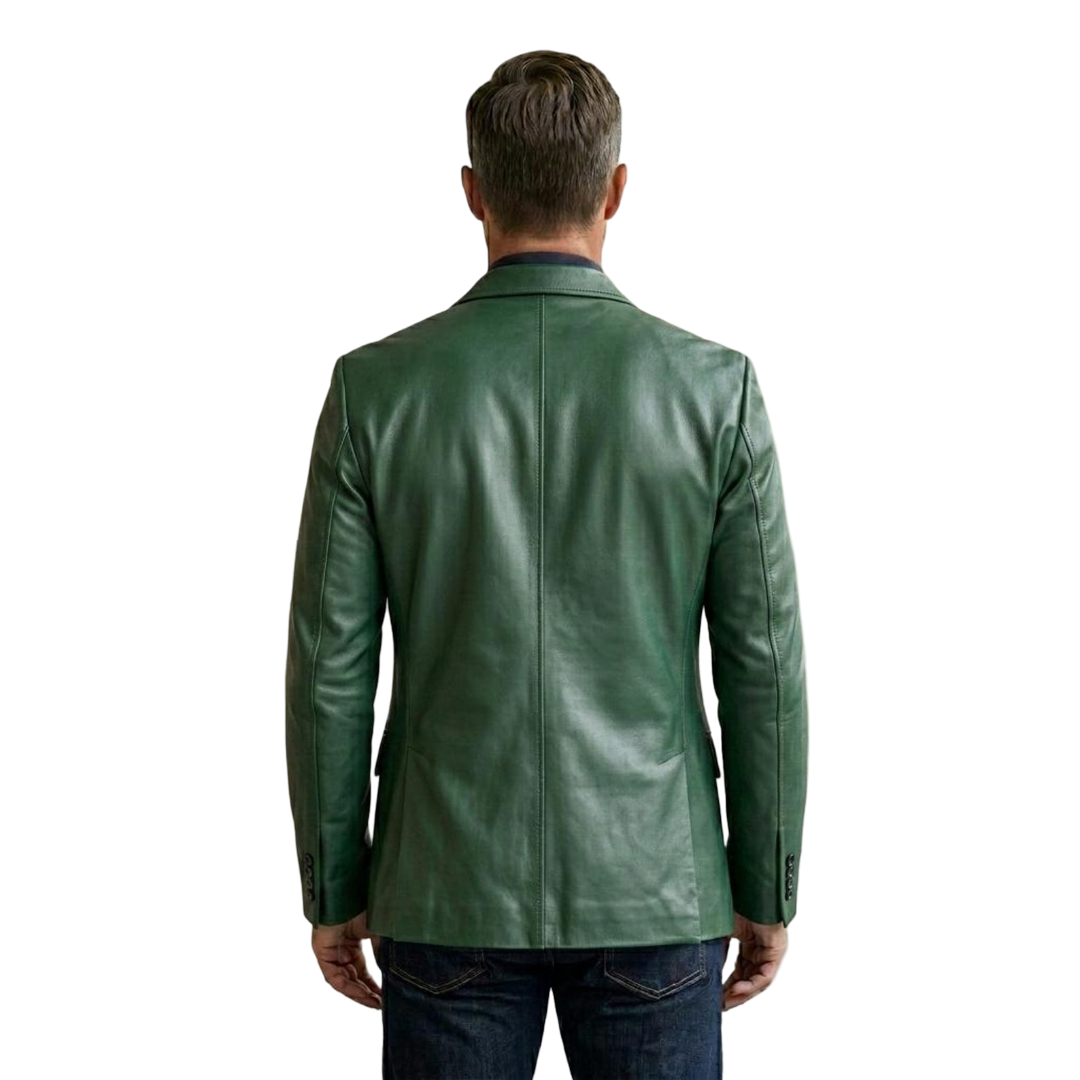 Back view of men green slim fit leather blazer jacket tailored cut