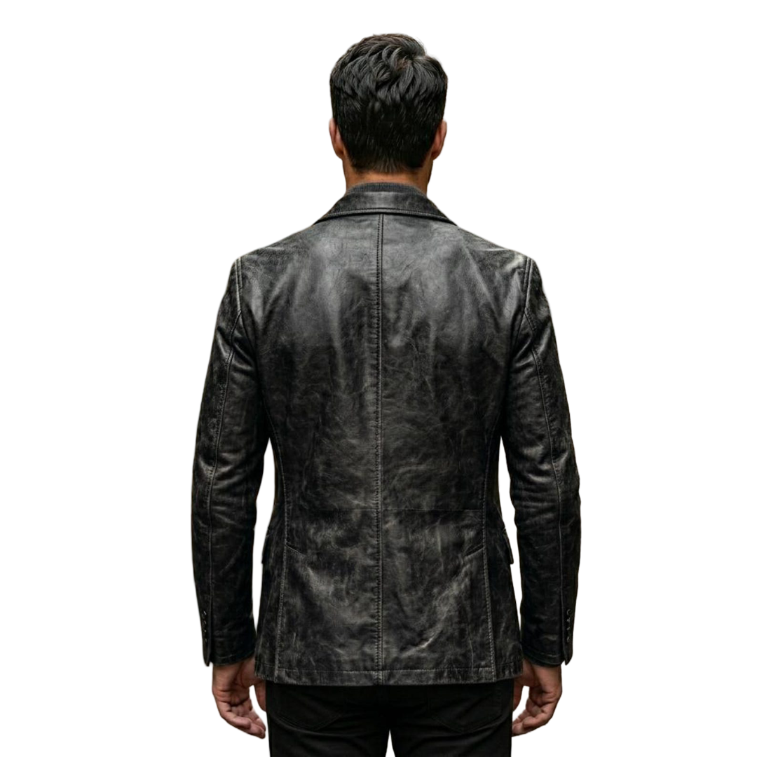 Back view of men slim fit distressed black leather blazer