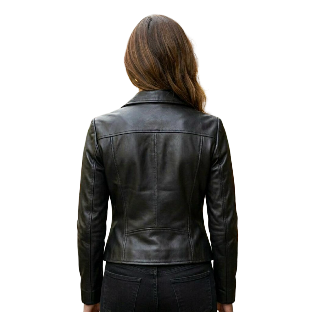 Back design of premium women black leather blazer jacket