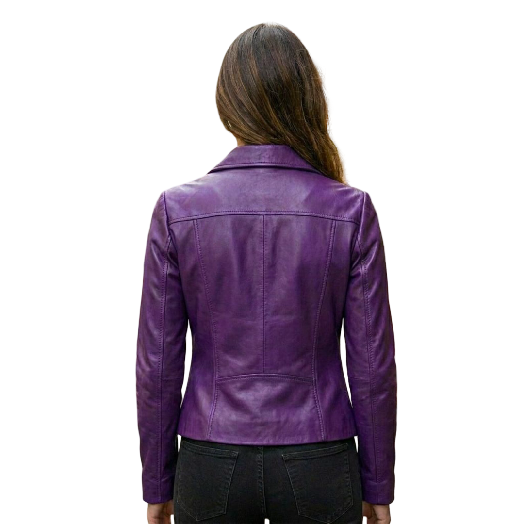 Back design of classic purple leather blazer jacket for women
