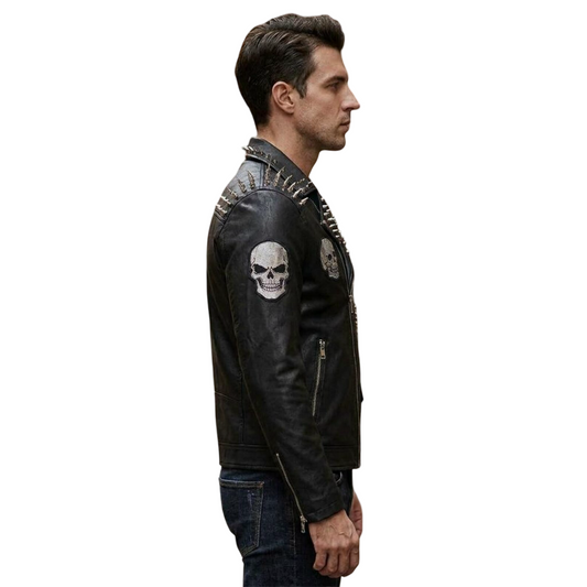 Men Black Studded Spiked Leather Biker Jacket with Embroidery Patch Side profile of men black studded moto leather jacket