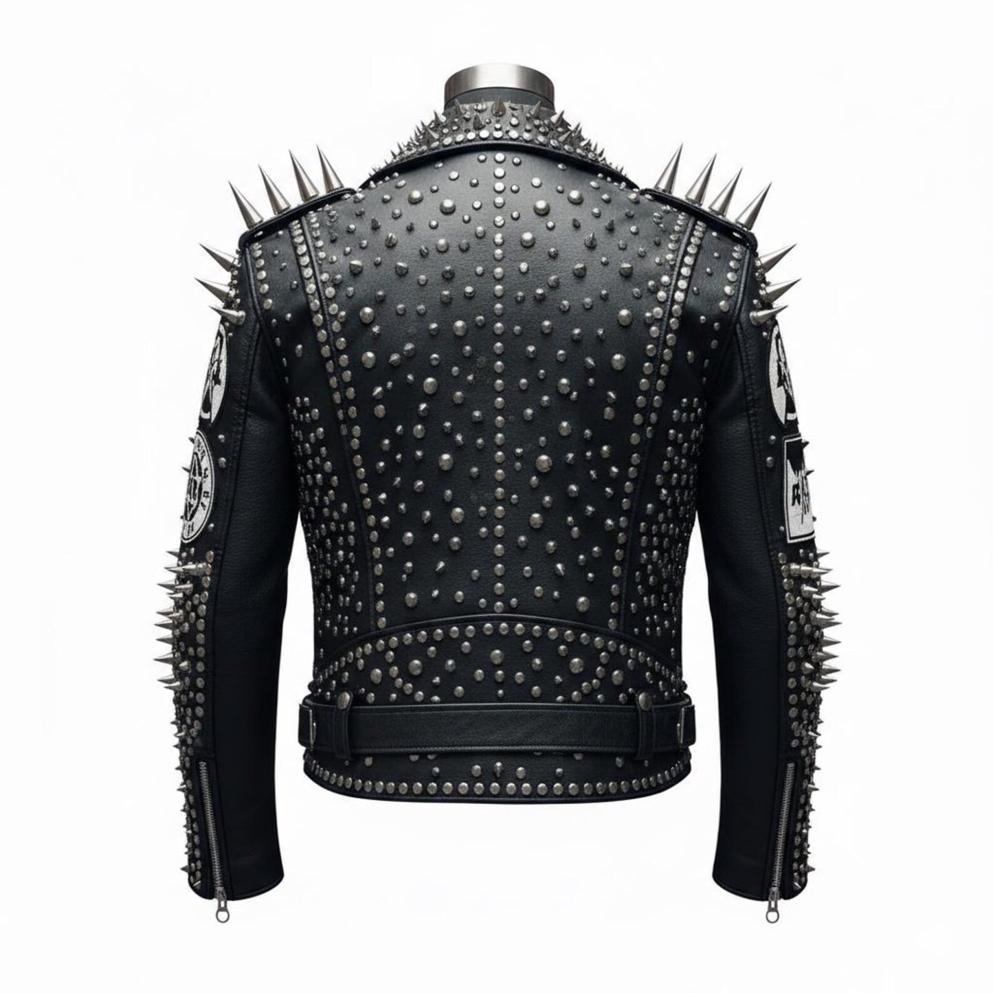 Back view of premium men studded motorcycle leather jacket