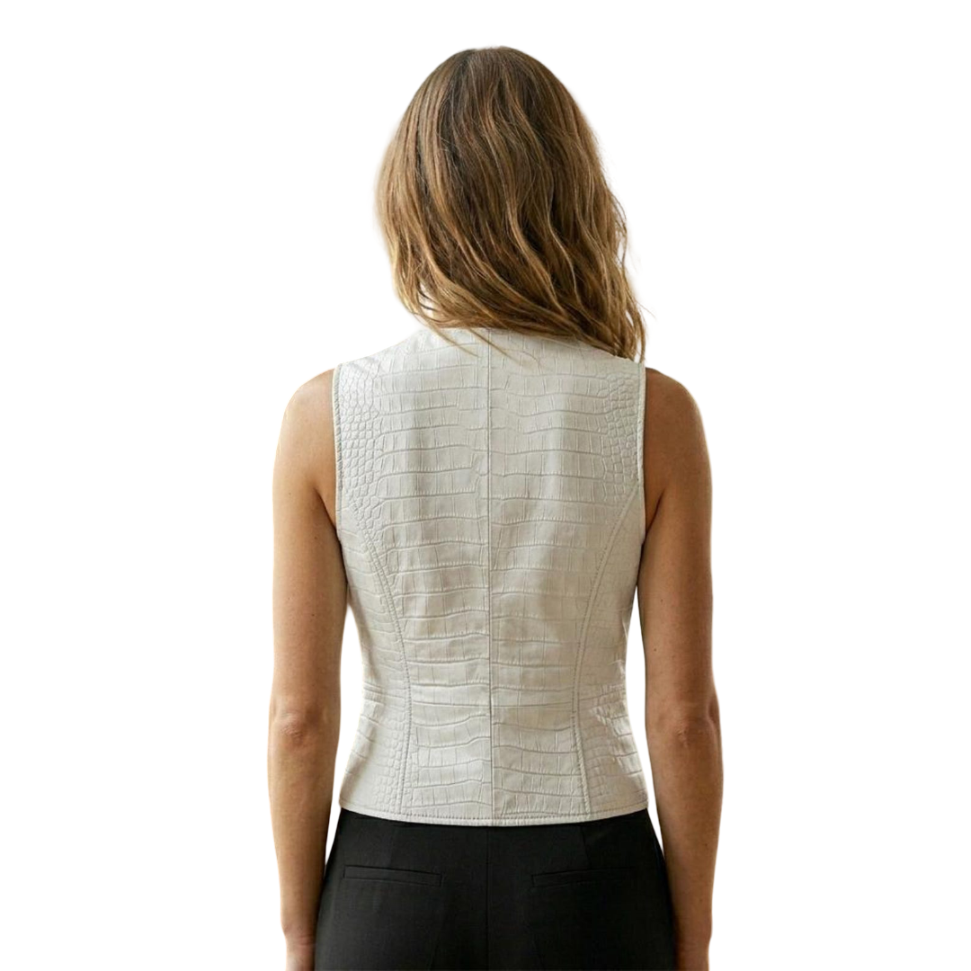 Back detail of white crocodile embossed leather vest for women