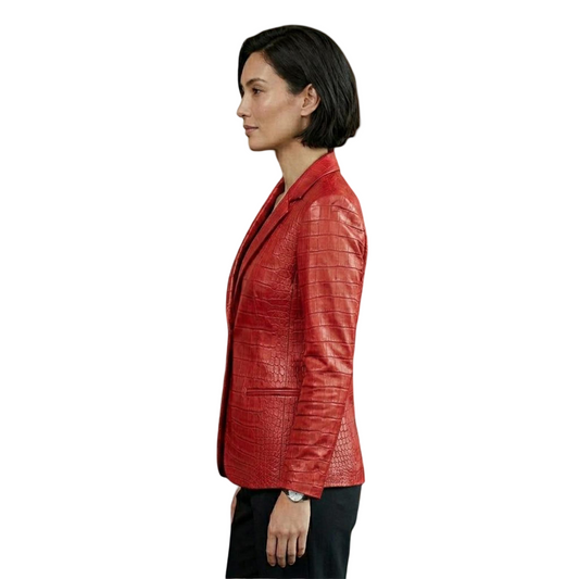 Women Red Crocodile Leather Blazer Jacket Side profile of luxury red crocodile leather blazer for women