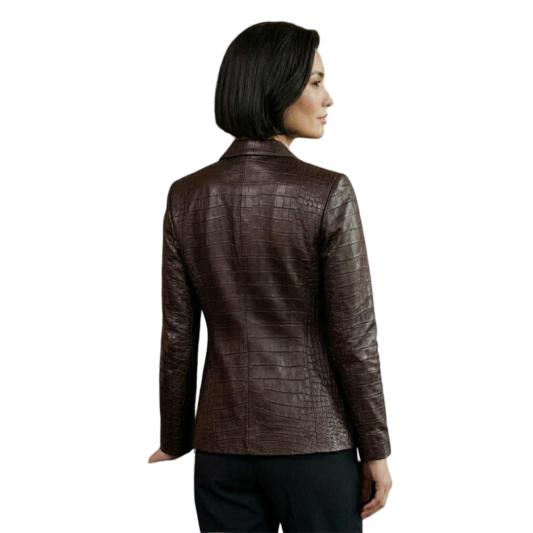 Back view of women brown crocodile leather blazer