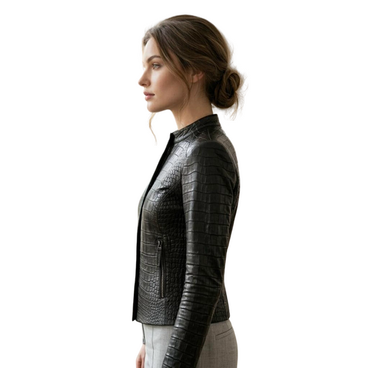 Women Black Crocodile Leather Biker Jacket Luxury Moto Style Side profile of luxury black croc moto leather jacket for women