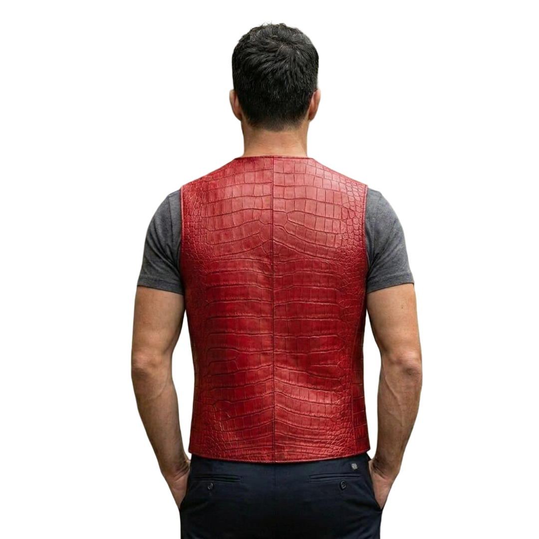 Back view of red crocodile leather vest for motorcycle style