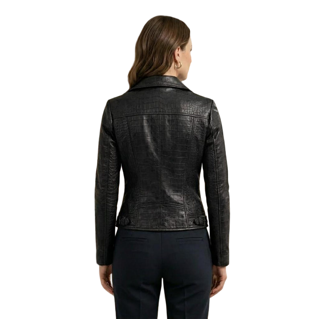 Back view of women cropped black crocodile embossed biker jacket