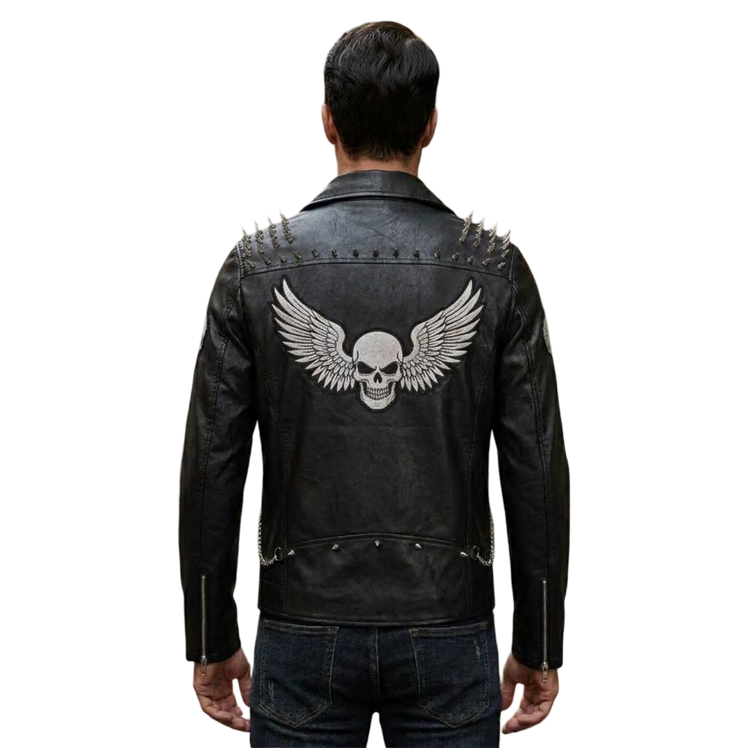 Back view of black studded leather biker jacket showing embroidery patch detail