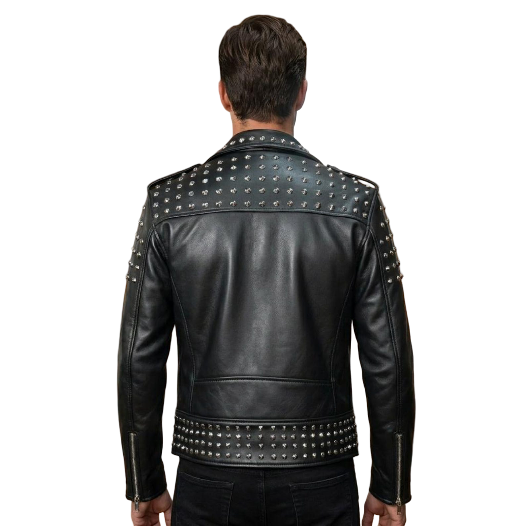 Back view of men gothic motorcycle leather coat with stud detail