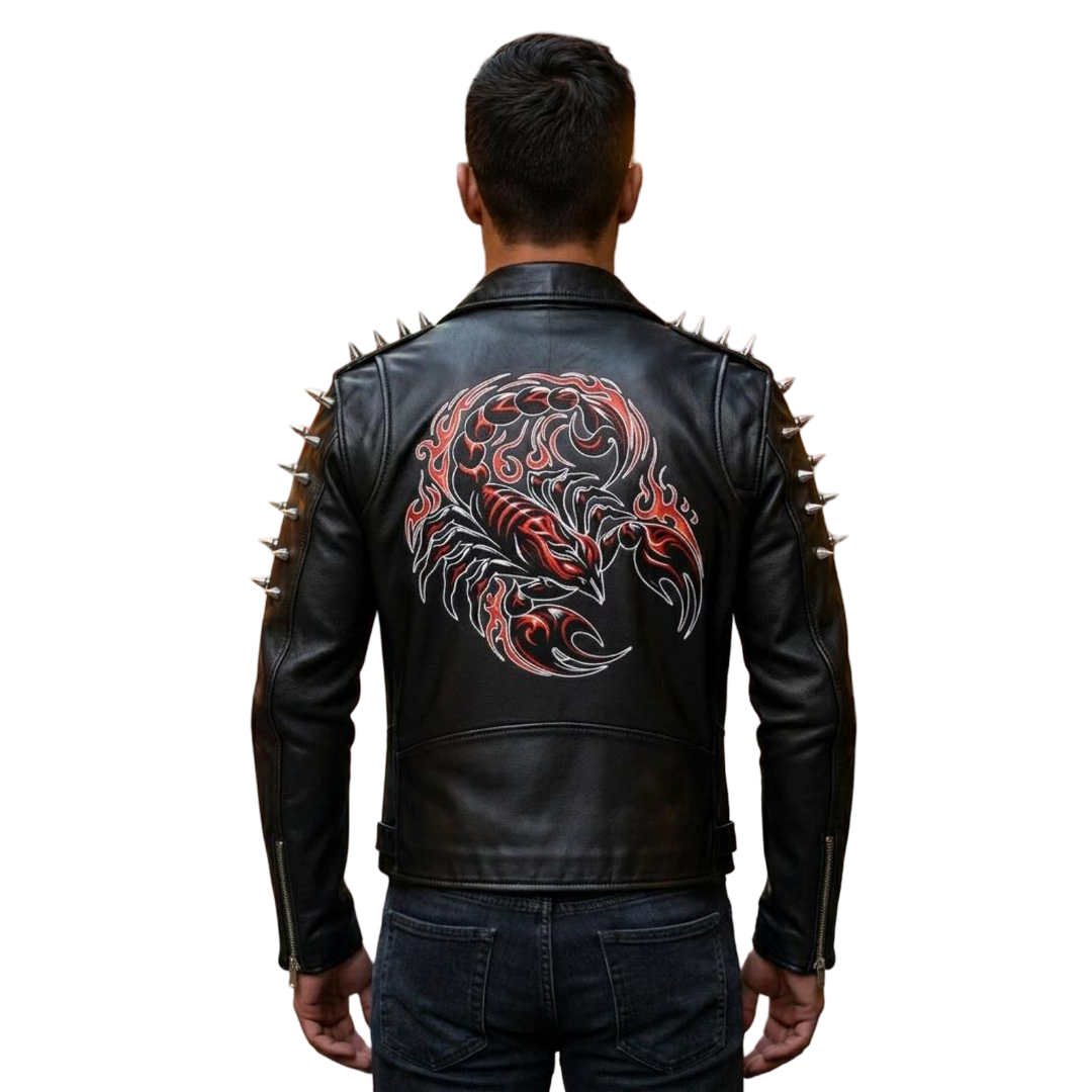 Back view showing scorpion sublimation artwork on black leather moto jacket
