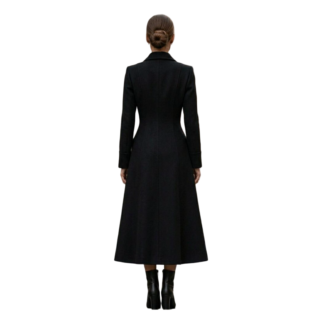Back view of black wool long overcoat for women