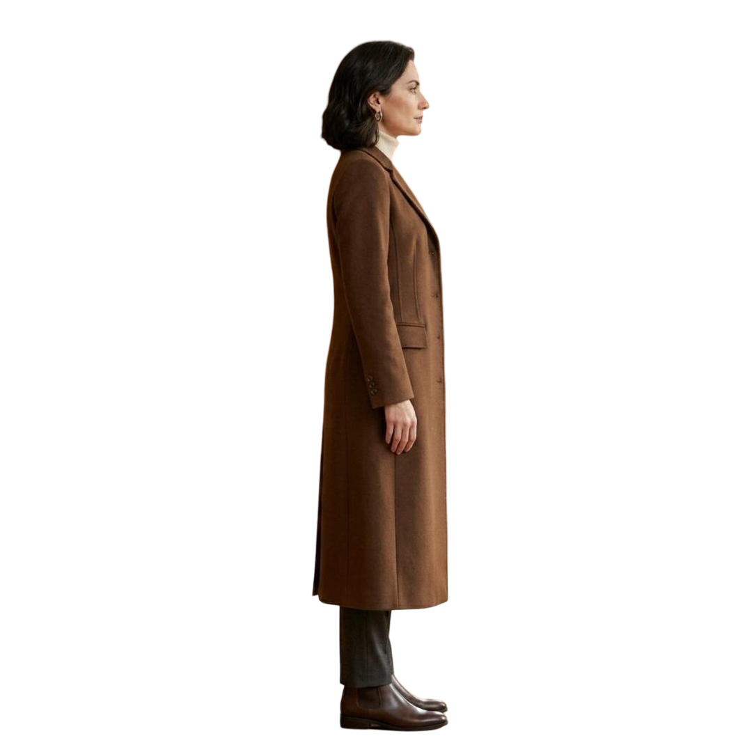 Side profile of elegant camel brown long wool coat for women
