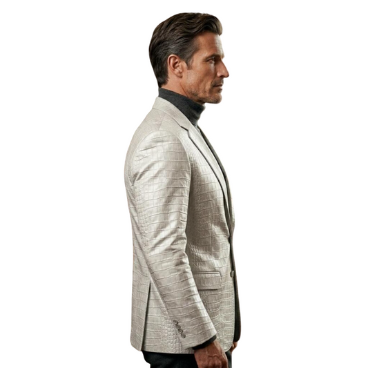 Men White Crocodile Texture Leather Blazer Luxury Designer Coat Side angle of luxury men white crocodile leather blazer
