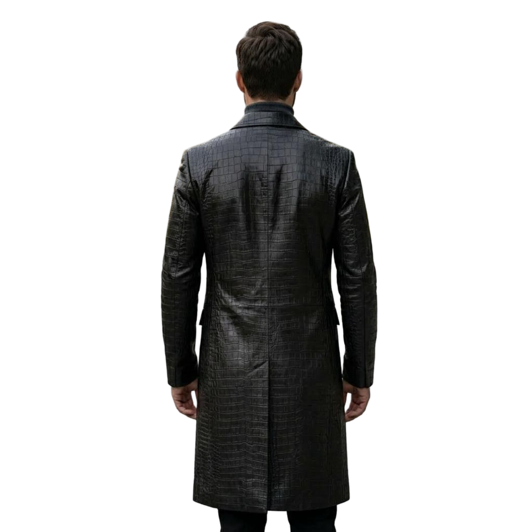 Back view of designer black crocodile leather trench coat