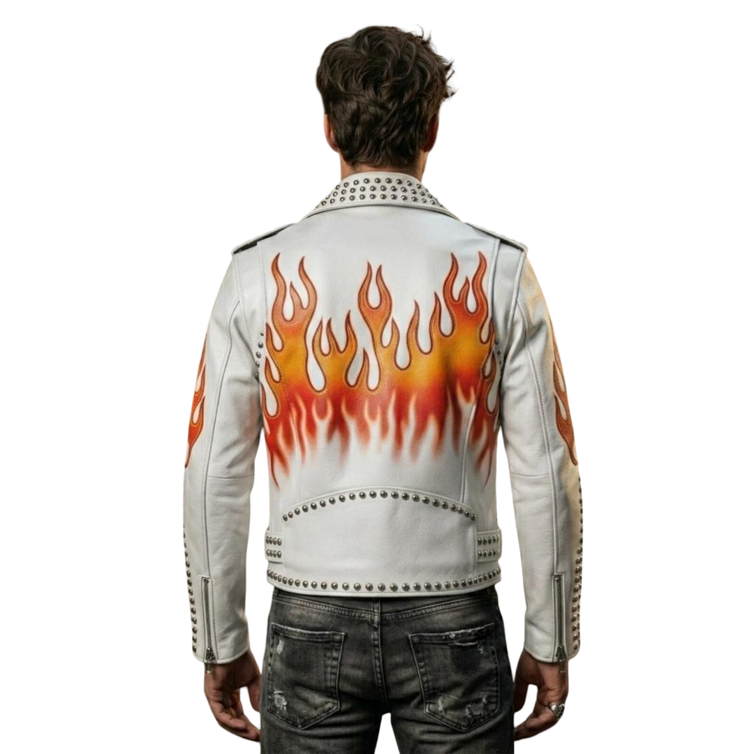 Back view of white leather motorcycle jacket with flame detailing
