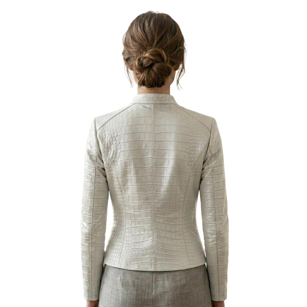 Back view of women white crocodile leather biker jacket