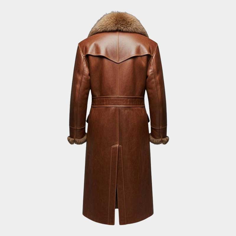 Back view of long mens leather trench coat