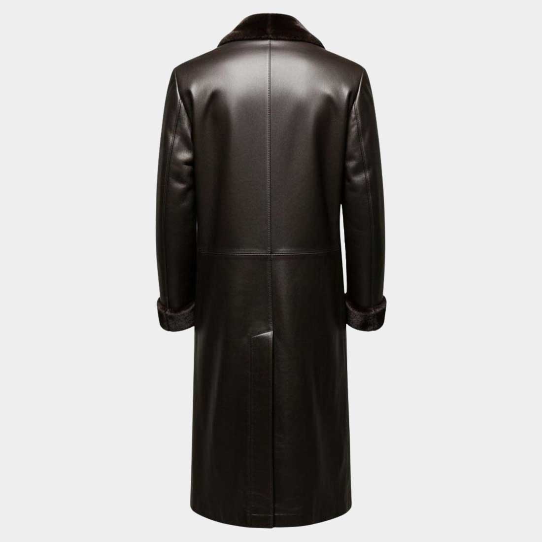 Back view of long shearling leather trench coat
