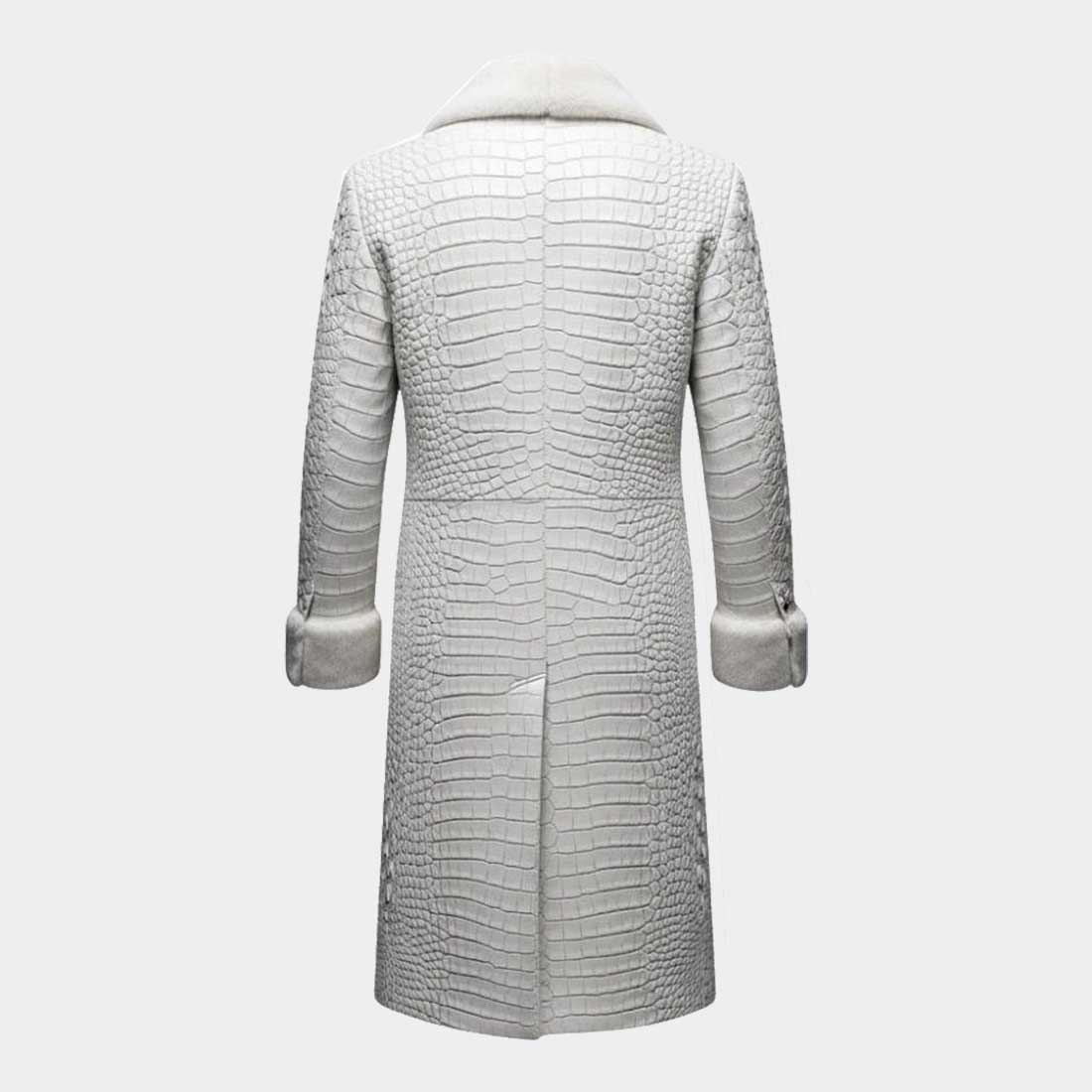 Back view of luxury crocodile embossed leather trench coat for men