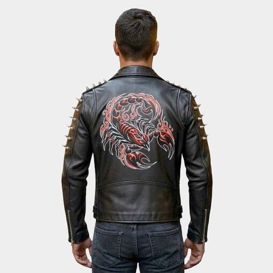 Men Black Leather Moto Jacket with Scorpion Sublimation and Spike Detail Men Black Leather Moto Jacket with Scorpion Sublimation and Spike Detail
