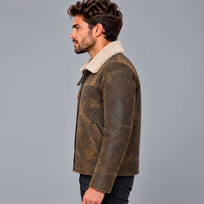 Men's distressed brown shearling winter jacket