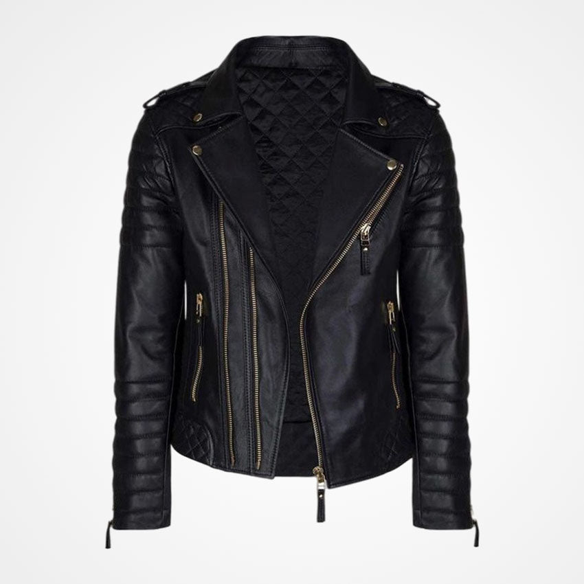 Men’s Black Leather Biker Jacket With Gold Zippers